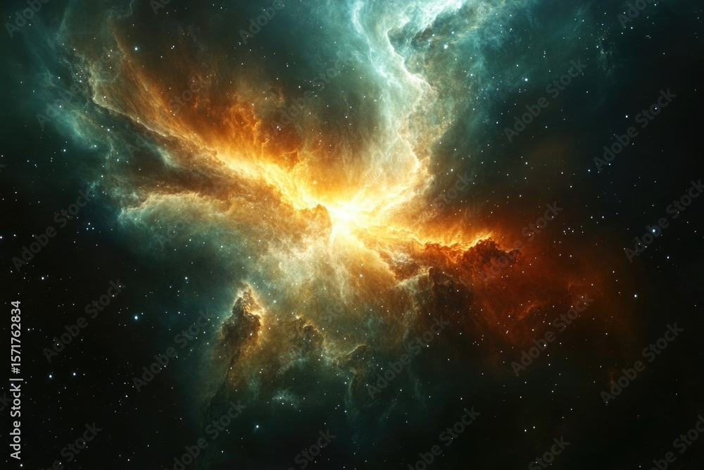 Fototapeta premium A vibrant explosion of celestial gas and stardust creates a breathtaking cosmic nebula formation.