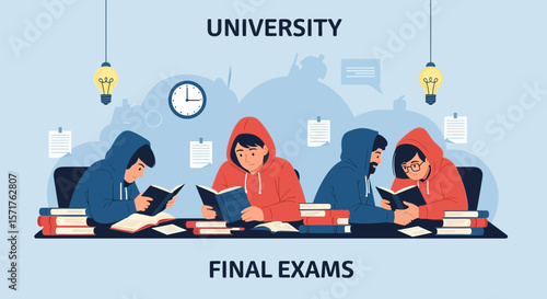 University Students Study Together Hard For Final Exam Preparation With Books