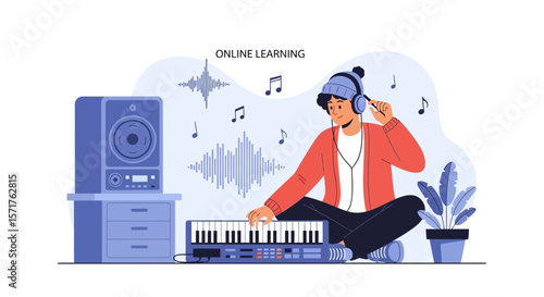 Creative Musician Producing Music Online Using Synthesizer And Wearing Headphones