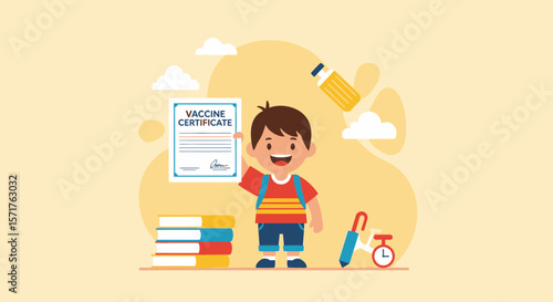 Vaccinated Child Ready For School Shows Vaccination Certificate With Joy