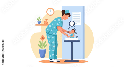 Nurse Weighing Newborn Baby With Cradle Scale In Clinic Examination Room