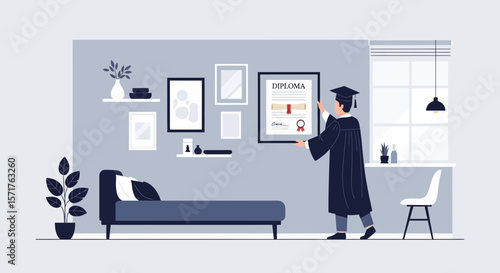 Graduate Decorating Room Putting Up Diploma In Frame Celebrating Achievement