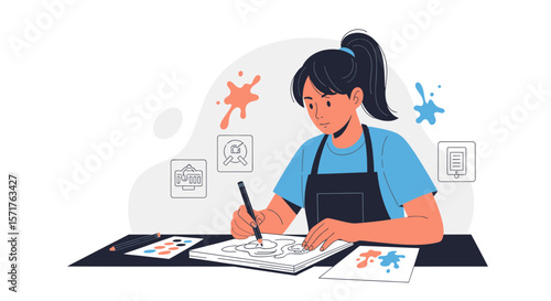 Creative Woman Artist Engaged In Drawing Process At Workplace With Illustration Elements