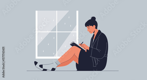 Creative Writing Session In Comfortable Clothes On A Rainy Day Illustration