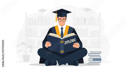 Graduate Student Reading Diploma In The Library Preparation For Graduation