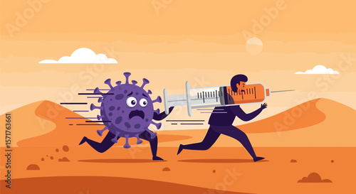 Vaccine Chasing Virus In Desert Landscape Prevention Pandemic Concept