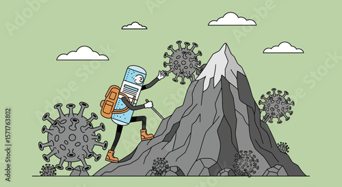 Vaccine Hiker Conquering Mountain Of Coronavirus Illustration For Vaccination Campaign
