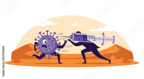 Vaccine Pursuit Man Chasing Covid Virus With Syringe Illustrative Concept