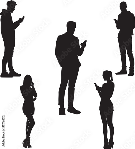 Silhouettes of People Using Smartphones, Depicting Modern Technology, Social Media Interaction, Communication, and Digital Connectivity in Black and White