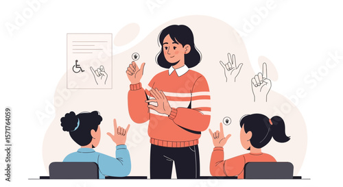 Deaf Education Concept Illustrating A Female Teacher Teaching Sign Language Class