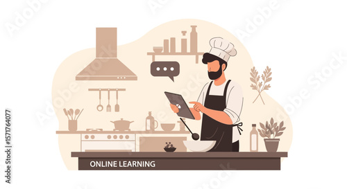 Online Culinary Learning Chef Follows Recipe From Tablet In Kitchen Scene