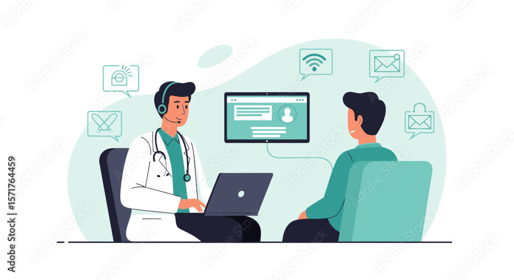 Online Medical Consultation And Telemedicine Doctor Assisting Patient With Computer Online Medical Consultation And Telemedicine Doctor Assisting Patient With Computer