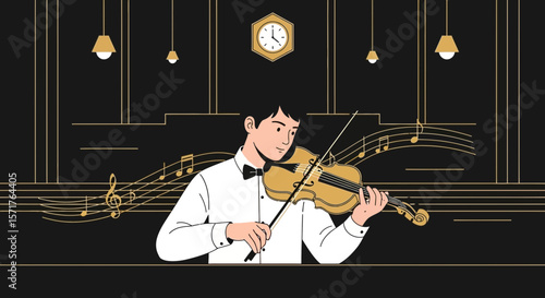 Violinist Performing Classical Music In A Concert Hall With Elegant Interior