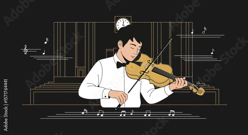 Violinist Playing Elegant Music In A Formal Performance Minimalist Illustration