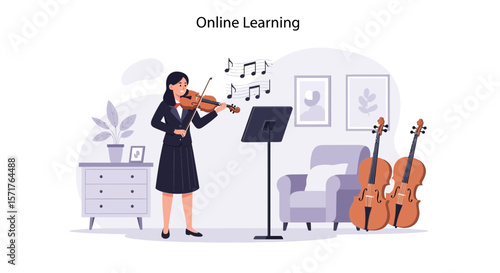 Violinist Practicing Music With Sheet Music Stand During Online Music Lesson At Home