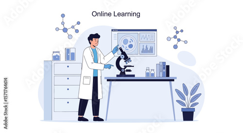 Online Science Education Scientist In Lab Conducting Experiment With Microscope