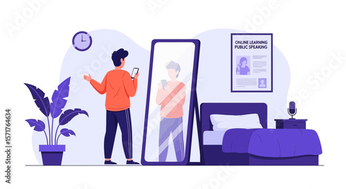 Online Public Speaking Class Presentation Rehearsal In The Bedroom At Home