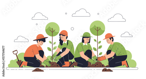 Group Of People Planting Trees Outdoors In Nature Forest Conservation Concept