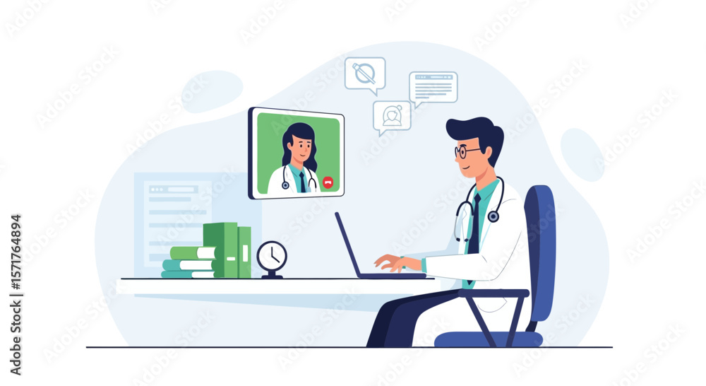 Virtual Healthcare Consultation Male Doctor Connecting With Female Colleague Online Virtual Healthcare Consultation Male Doctor Connecting With Female Colleague Online