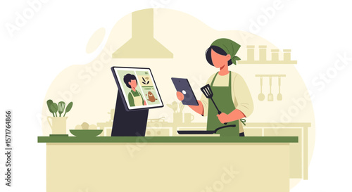 Virtual Cooking Lesson Concept Woman Using Tablet In The Kitchen At Home