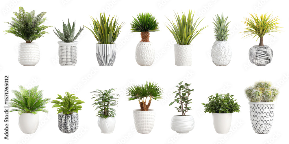 Fototapeta premium Row of potted houseplants in gray and white ceramic planters. Minimal front view on a clean background. Calm growth and wellbeing concept. For branding, web banners, and interior decor ads.