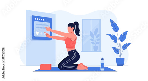 Virtual Workout Class Woman Using Interactive Interface At Home Illustration