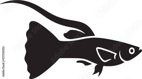 Black and white silhouette of a guppy fish showing details and design in clean style