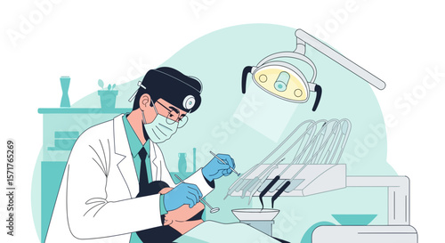 Dental Treatment Illustration Depicting Dentist Examining Patient In Clinic Setting