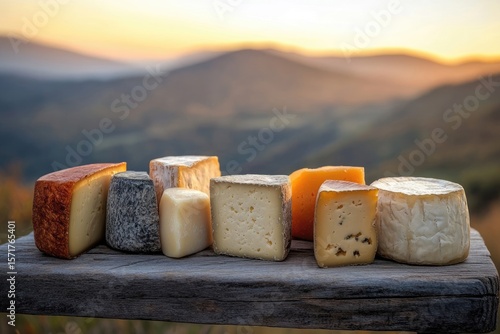 Various cheeses on a rustic wooden surface with a serene mountain landscape bathed in soft, golden light as a backdrop.