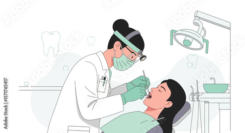 Dentist Examining Woman Teeth Illustration Health Care Professional Checkup