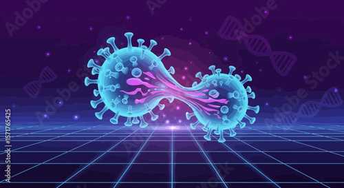 Virus Division On Retro Sci-Fi Background Medical Visualization Vector Illustration