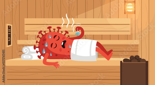 Virus In Sauna: Cartoon Depiction Of Unsuccessful Attempt To Eliminate Infection