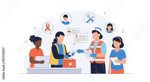 Volunteer Team Working For Charity With First Aid Kit And Medical Information