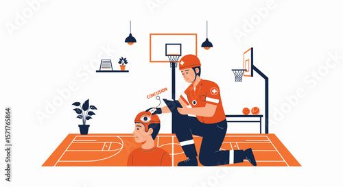 Paramedic Assessing Basketball Player Concussion With Futuristic Helmet Device