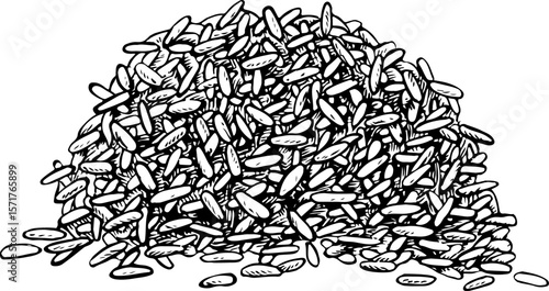 A handful of rice or oats, wheat or rye. Black and white graphics, vector illustration. Design element for menus, recipes, and cookbooks. For banners, flyers, packaging, labels, and more.