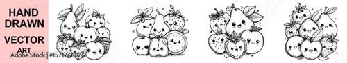Cute hand drawn vector illustration of happy cartoon fruits with faces, adorable kawaii fruit group sketch style for kids, coloring books, education, design