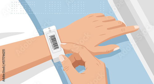 Patient's Barcode Id Wristband Identification With Bed In Hospital Room Illustration