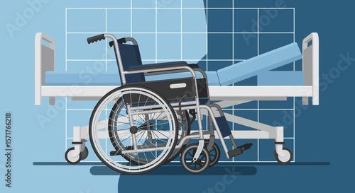 Wheelchair And Hospital Bed Presenting Medical Care And Accessibility Equipment For Healthcare