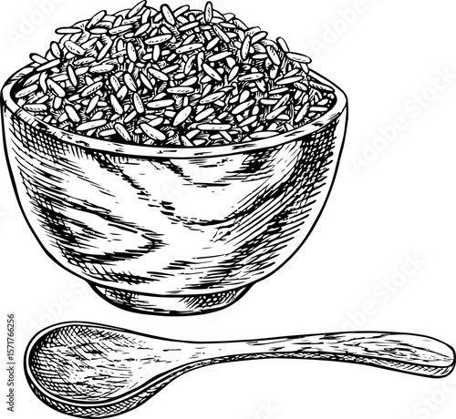 Boiled rice in a wooden bowl with a spoon. Black and white graphics, vector illustrations. Design element for menus, recipes, and cookbooks. For banners, flyers, packaging, labels, and more.