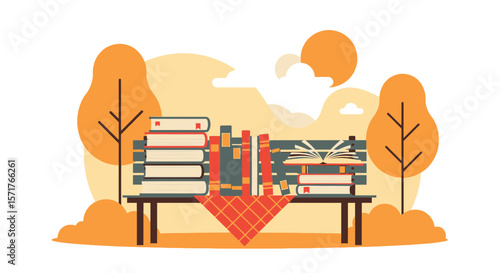 Peaceful Autumn Reading In Nature With Stacked Books On A Bench