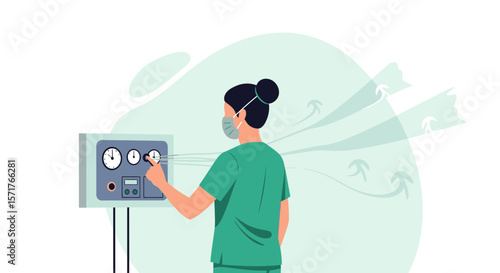 Healthcare Professional Adjusting Medical Equipment During Treatment With Protective Mask