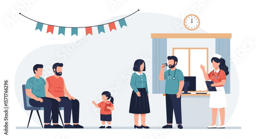 Healthcare Clinic Reception With Doctor Nurse And Patients In Waiting Area