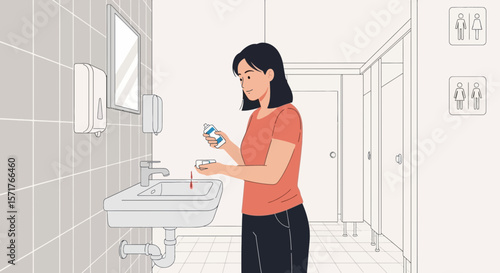 Woman Applying Contact Lens Solution In Public Restroom For Eye Care