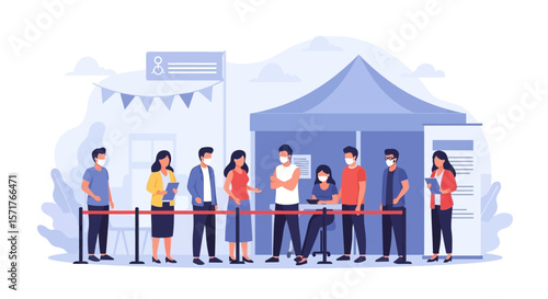 Diverse Crowd Wearing Masks Standing In Line For An Event Or Activity