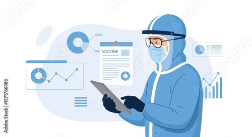 Healthcare Professional Analyzing Vaccine Data Wearing Protective Gear and Using a Tablet