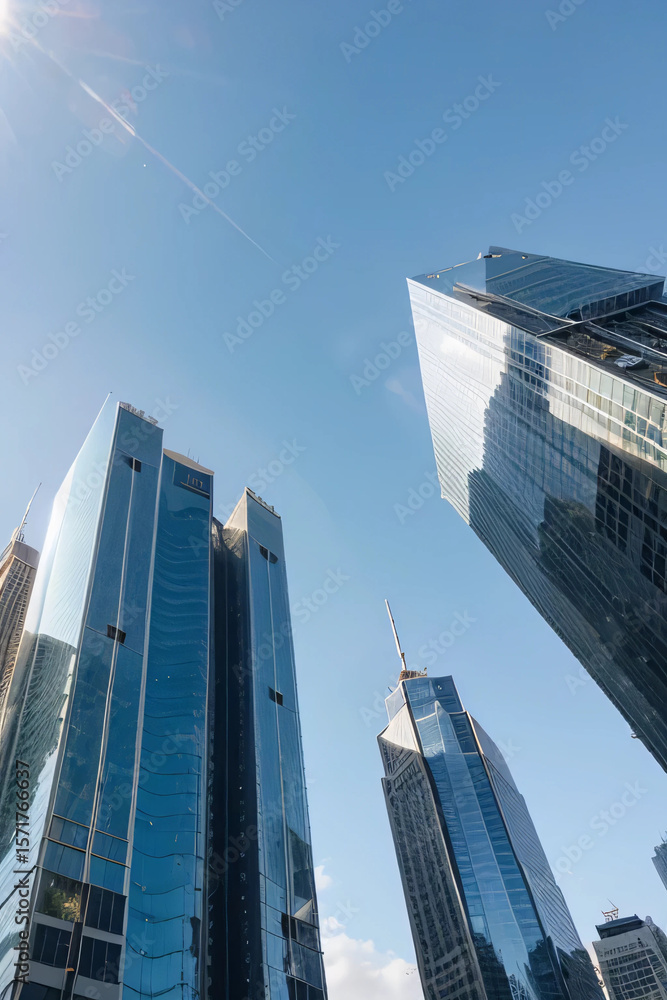 Naklejka premium Modern Skyscrapers and High-Rise Buildings Under Clear Blue Sky