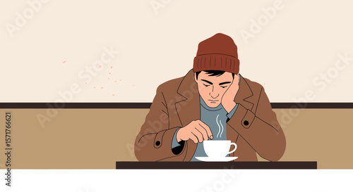 Pensive Man Stirring Hot Beverage Illustration Depicting Moment of Reflection