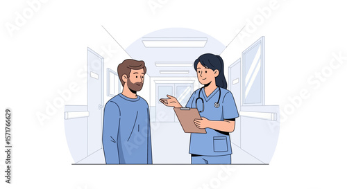 Healthcare Professional Consults Patient In Hospital Corridor For Medical Guidance