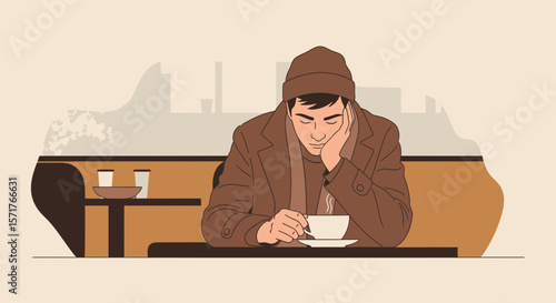 Pensive Man Sitting Alone With Coffee In Cafe On A Cold Winter Day