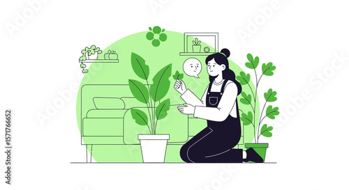 Woman Caring For Potted Plants Enjoying Gardening Hobby Indoors At Home